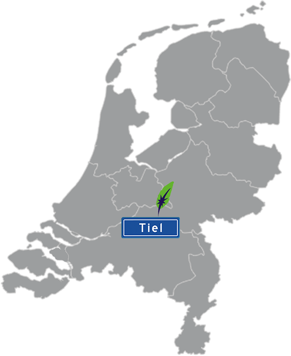 Grijze kaart van Nederland met Tiel aangegeven met blauw plaatsnaambord met witte letters en Dagnall veer voor cursus Nederlands - blauw plaatsnaambord met witte letters en Dagnall veer - transparante achtergrond - 600 * 733 pixels